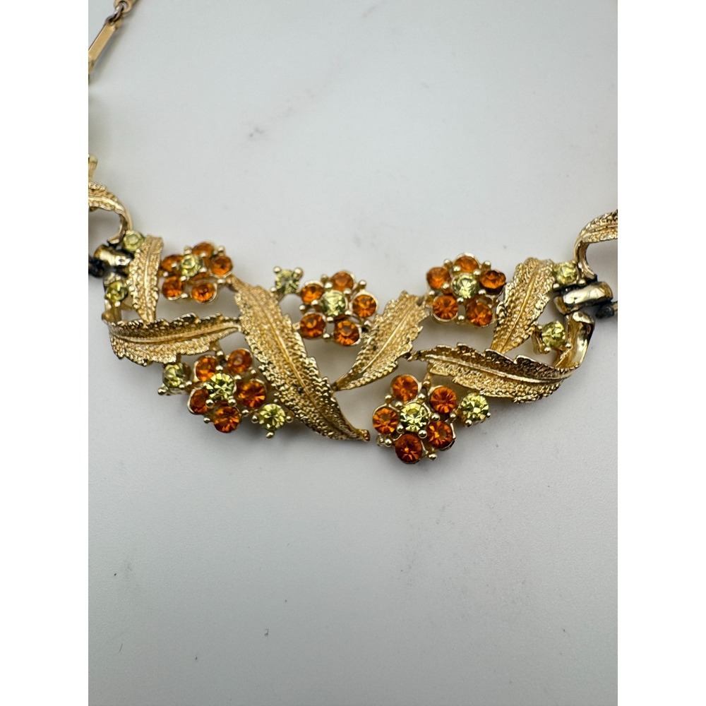 Vintage Coro Necklace Gold Tone Orange Rhinestone Flower Leaf Bib - Picture 6 of 11